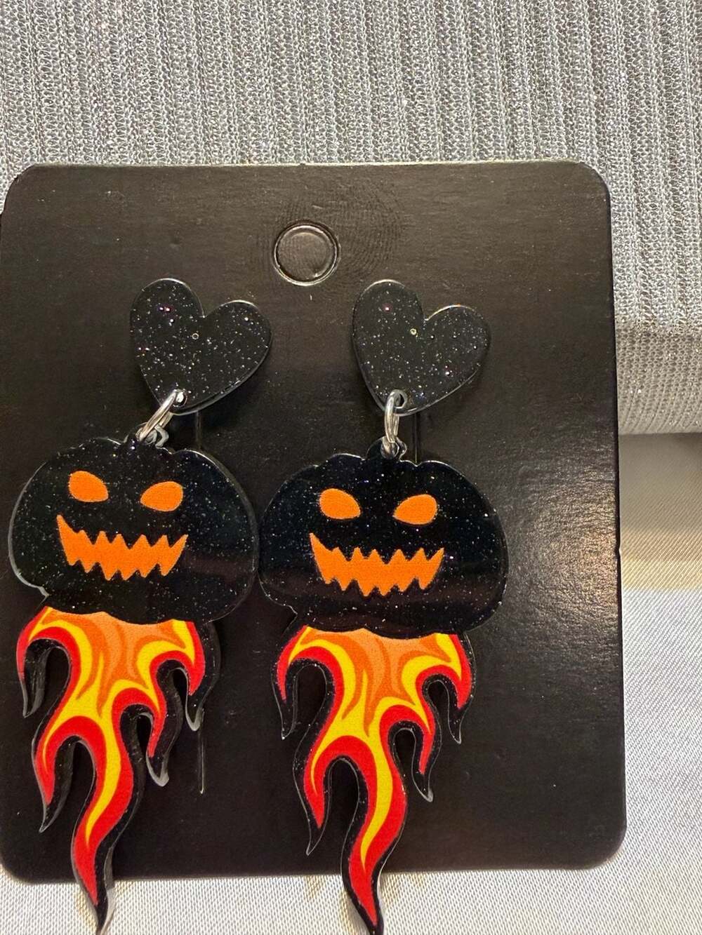 Black Glitter Jack-O'-Lantern Pumpkin with Fire Flames Acrylic Dangle Earrings